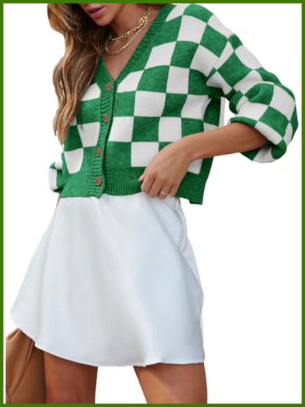 Soft Long Sleeve Cable Knit Plaid Cropped Cardigan Sweater Button Down V Neck